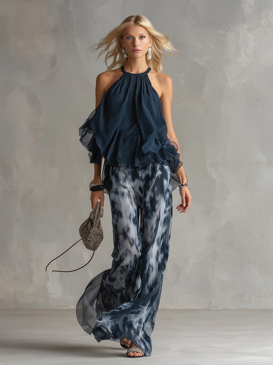 Ludovica | Stylish Navy Halter Top and Wide-Leg Printed Set | The Bellemont Sisters Australia