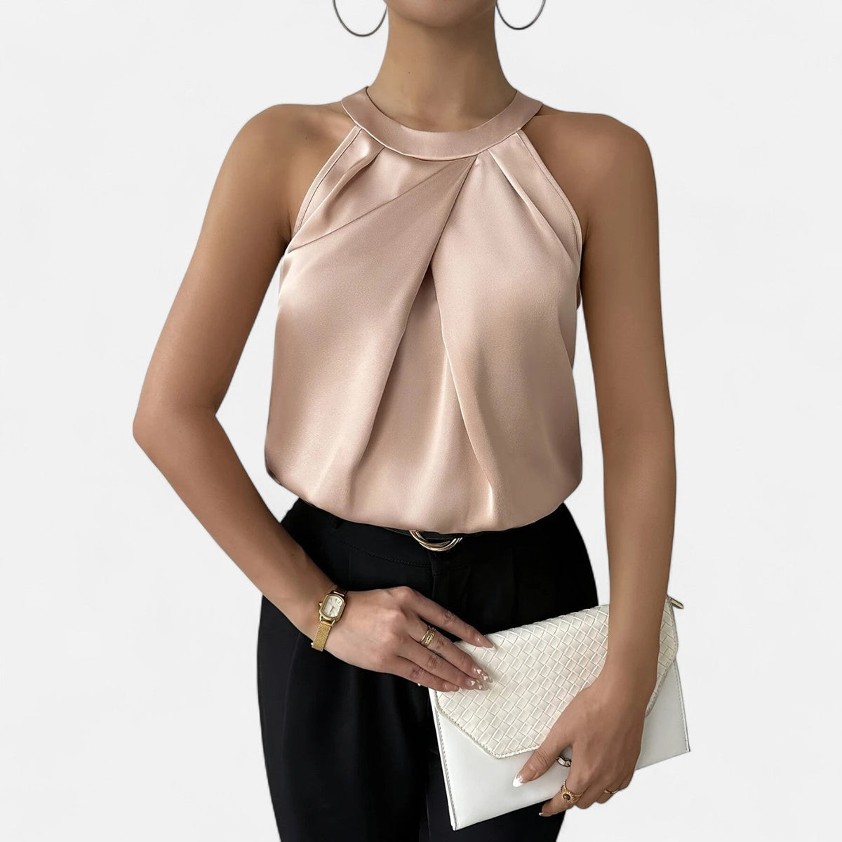 Kimberly | Women’s Elegant Pleated Front Draped Satin Tanks – Beige | The Bellemont Sisters Australia