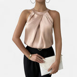 Kimberly | Women’s Elegant Pleated Front Draped Satin Tanks – Beige | The Bellemont Sisters Australia