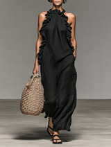 Women's Minimalist Linen-blend Sleeveless Maxi Dress With Ruffle Details – Black | The Bellemont Sisters Australia