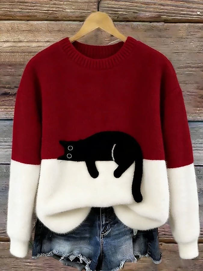 Aileen™ | Elegant Cat Print Oversized Sweater – Red | The Bellemont Sisters Australia