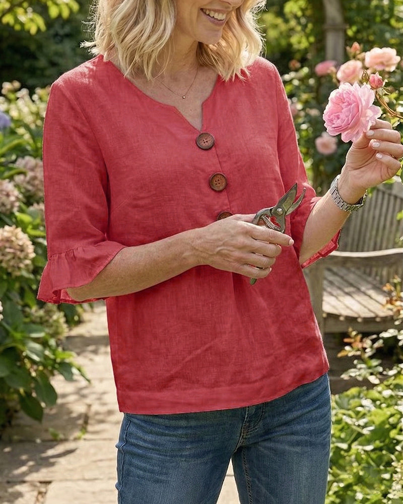 Janet | V-Neck Blouse with Wooden Buttons and Ruffled Sleeves | The Bellemont Sisters Australia