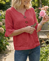 Janet | V-Neck Blouse with Wooden Buttons and Ruffled Sleeves | The Bellemont Sisters Australia
