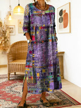 Manuela | Printed Dress with Ethnic Patchwork – Purple | The Bellemont Sisters Australia