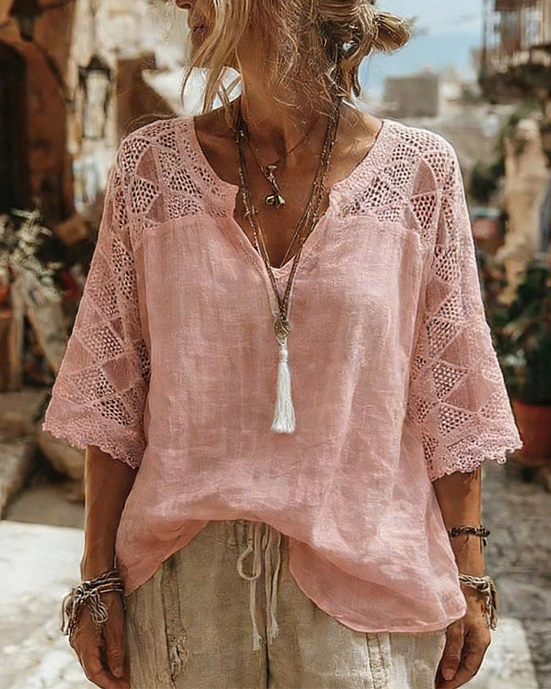 Cynthia | V-Neck Blouse with Lace Detail – Pink | The Bellemont Sisters Australia
