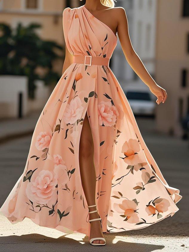 Light Green Floral Ruched One Shoulder A-Line Maxi Chiffon Dress – Pink | The Bellemont Sisters Australia