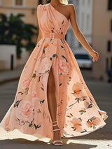 Light Green Floral Ruched One Shoulder A-Line Maxi Chiffon Dress – Pink | The Bellemont Sisters Australia