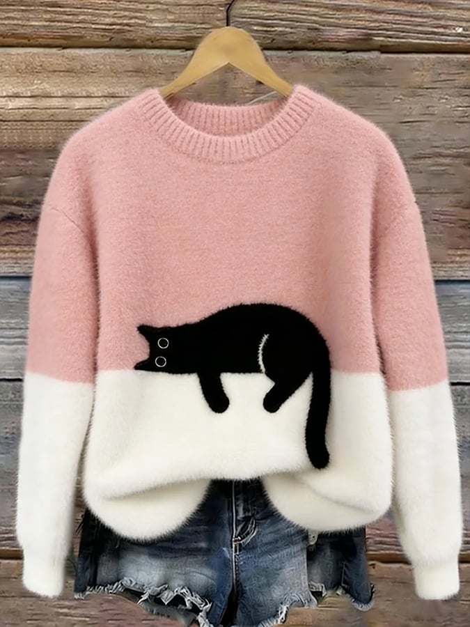 Aileen™ | Elegant Cat Print Oversized Sweater – Pink | The Bellemont Sisters Australia