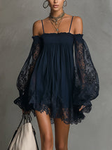 Noemi | Mini dress in navy blue chiffon with off-the-shoulder neckline, lace trim, and sheer sleeves – Navy blue | The Bellem