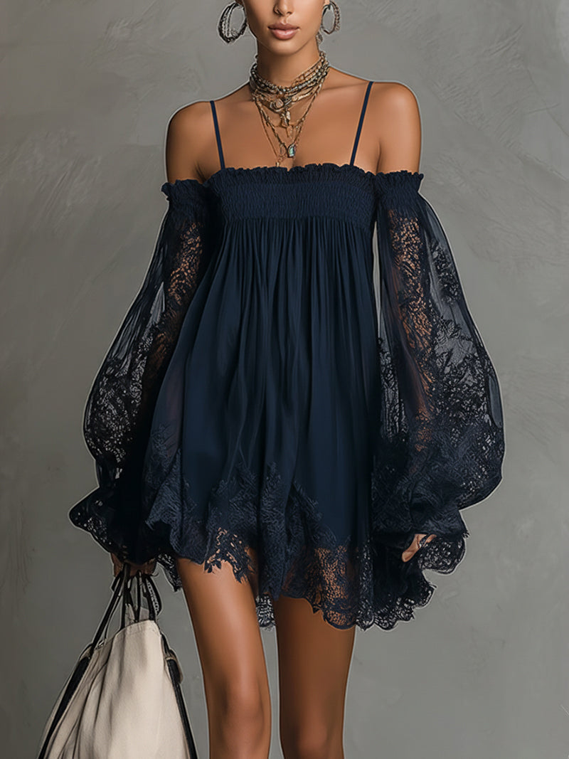 Noemi | Mini dress in navy blue chiffon with off-the-shoulder neckline, lace trim, and sheer sleeves – Navy blue | The Bellem