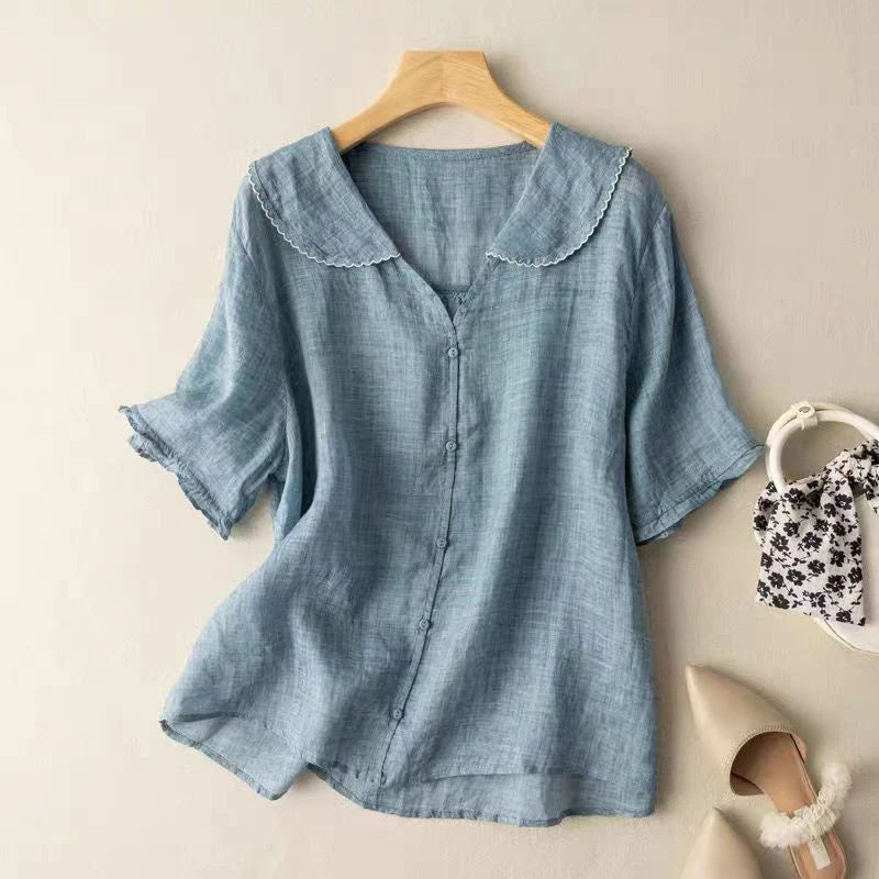 Selena™ Cotton Short Sleeve Blouse – Blue | The Bellemont Sisters Australia