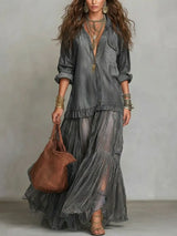 Women's Retro Lapel Denim Organza Patchwork Art Casual Maxi Dress – Grey | The Bellemont Sisters Australia