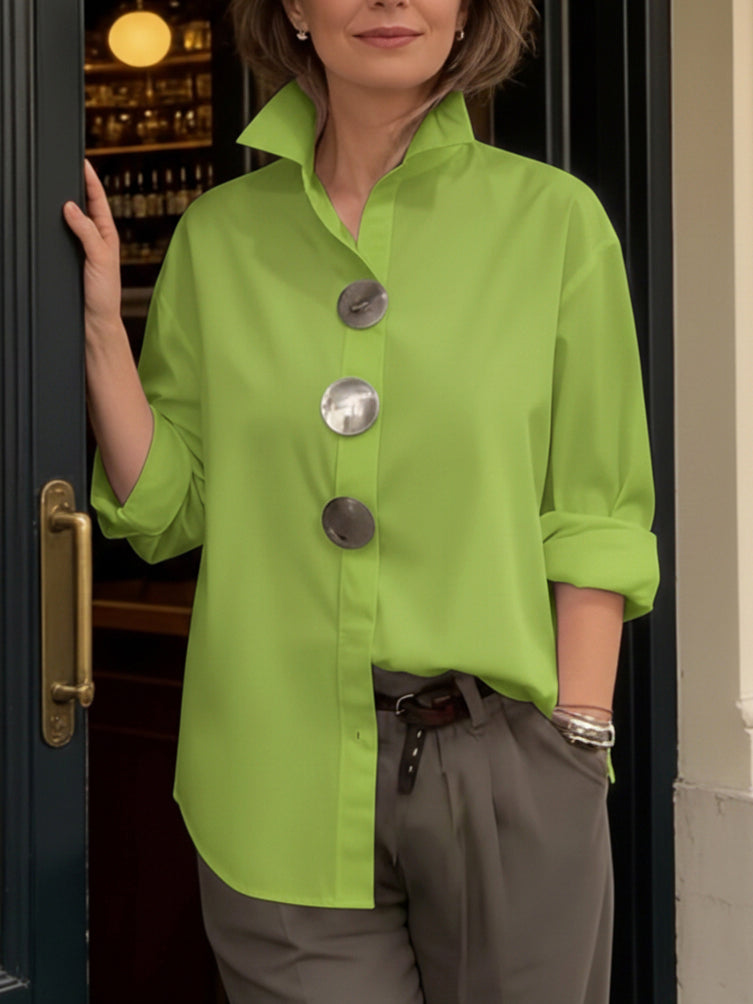 Rosaline | Statement Button Stand Collar Blouse – Green | The Bellemont Sisters Australia
