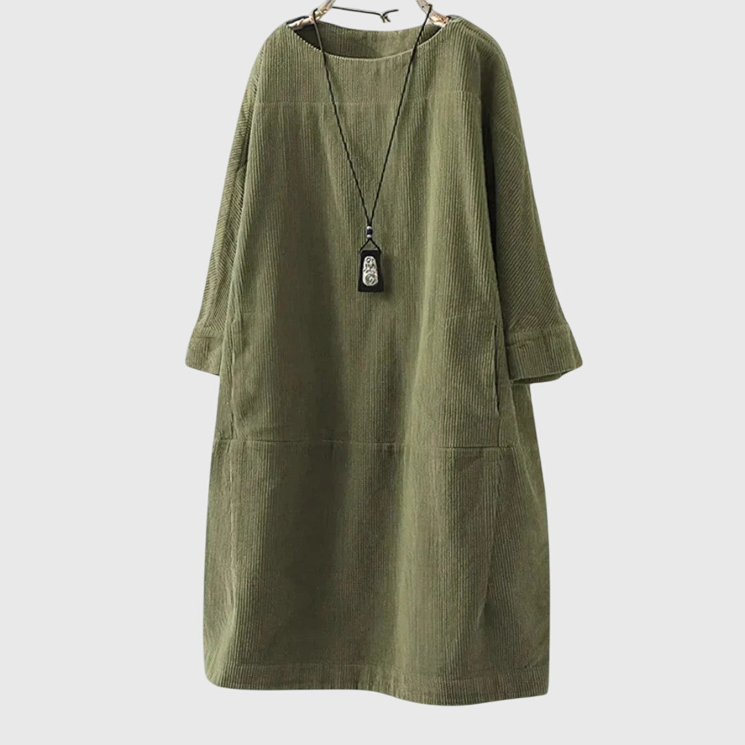 Grace | Relaxed Corduroy Midi Dress – Army Green | The Bellemont Sisters Australia