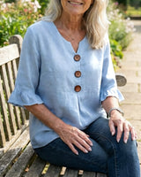 Janet | V-Neck Blouse with Wooden Buttons and Ruffled Sleeves | The Bellemont Sisters Australia