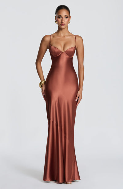 Fiona | Women's Evening Satin Cupped Maxi Dress – Brown | The Bellemont Sisters Australia