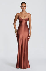 Fiona | Women's Evening Satin Cupped Maxi Dress – Brown | The Bellemont Sisters Australia
