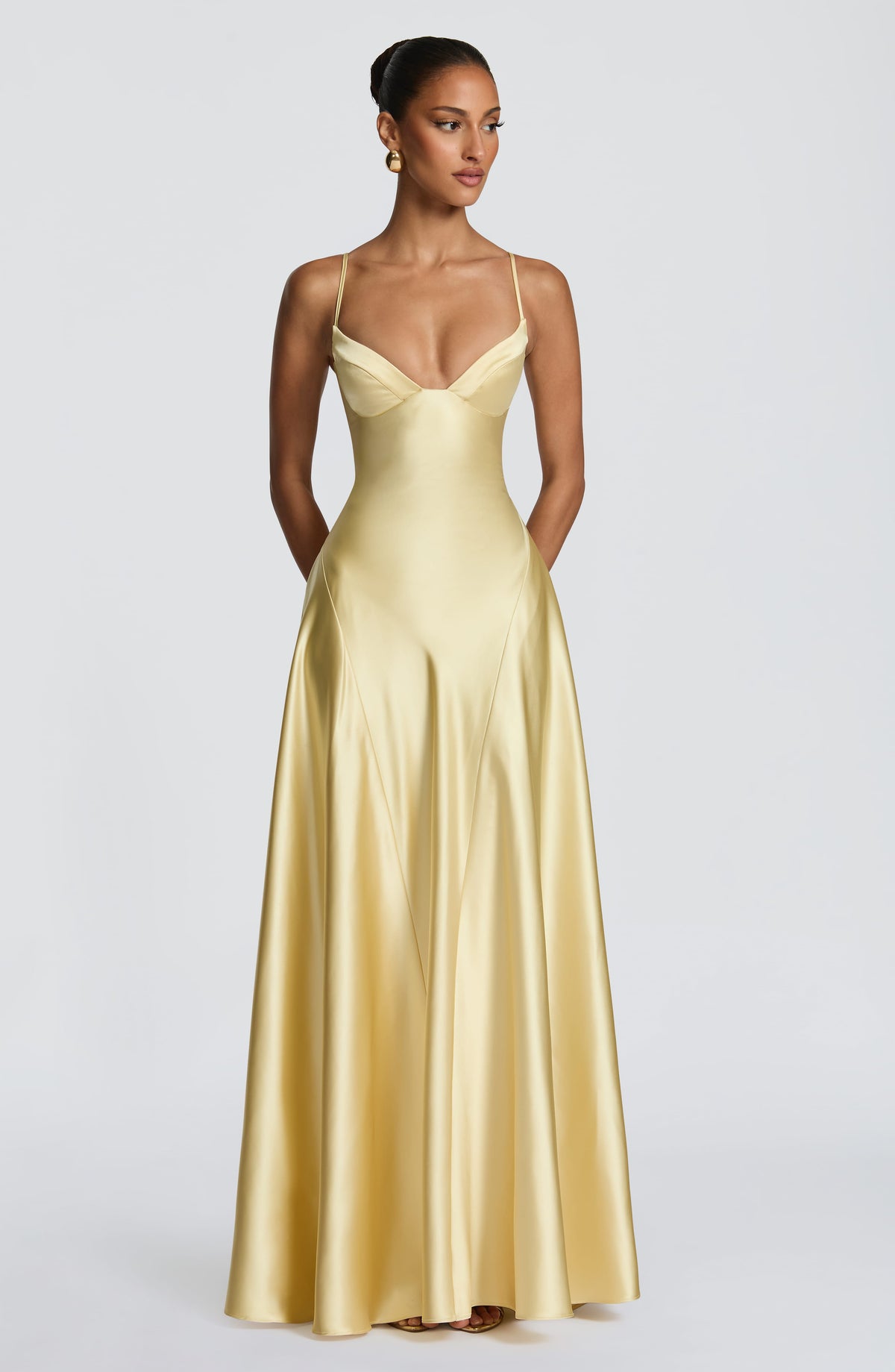 Elara | Women's Evening Satin Cupped Maxi Dress – Yellow | The Bellemont Sisters Australia