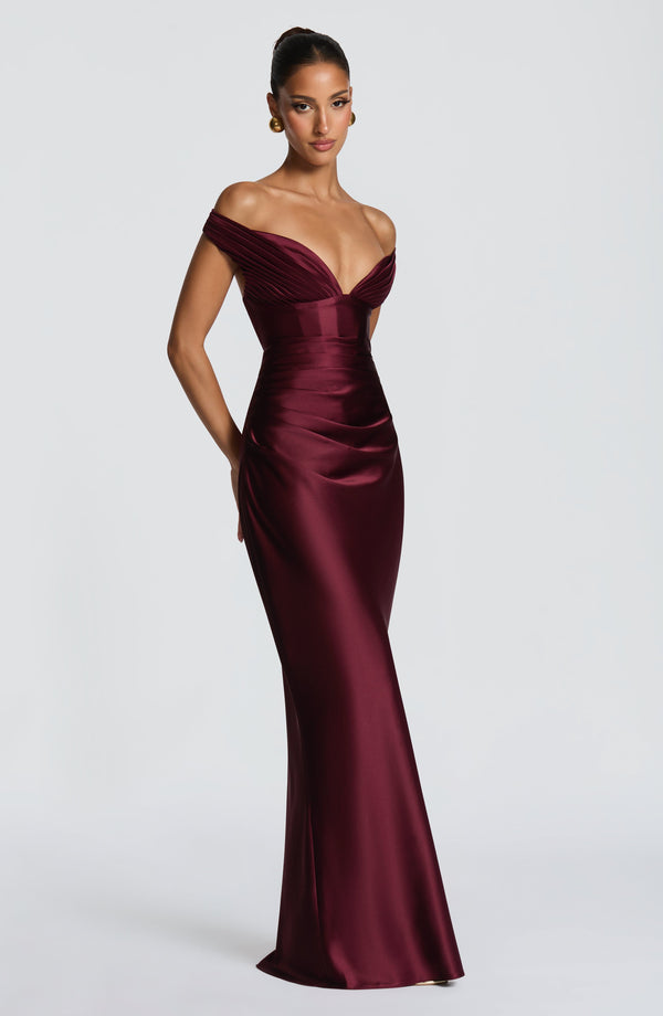 Adeline | Women's Satin Bardot Maxi Dress | The Bellemont Sisters Australia