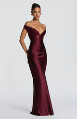 Adeline | Women's Satin Bardot Maxi Dress | The Bellemont Sisters Australia