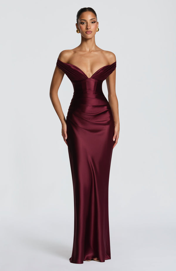 Adeline | Women's Satin Bardot Maxi Dress – Burgundy | The Bellemont Sisters Australia
