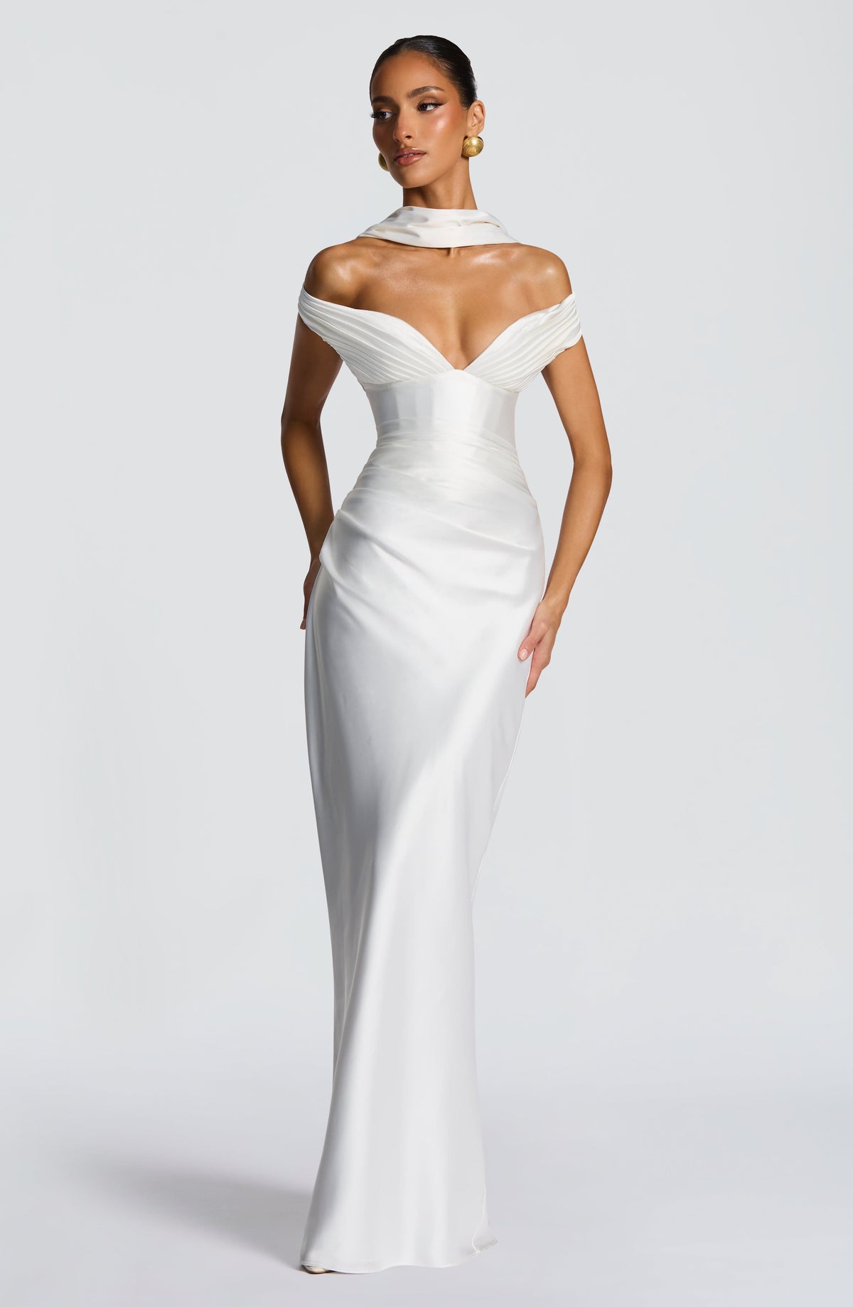 Adeline | Women's Satin Bardot Maxi Dress | The Bellemont Sisters Australia