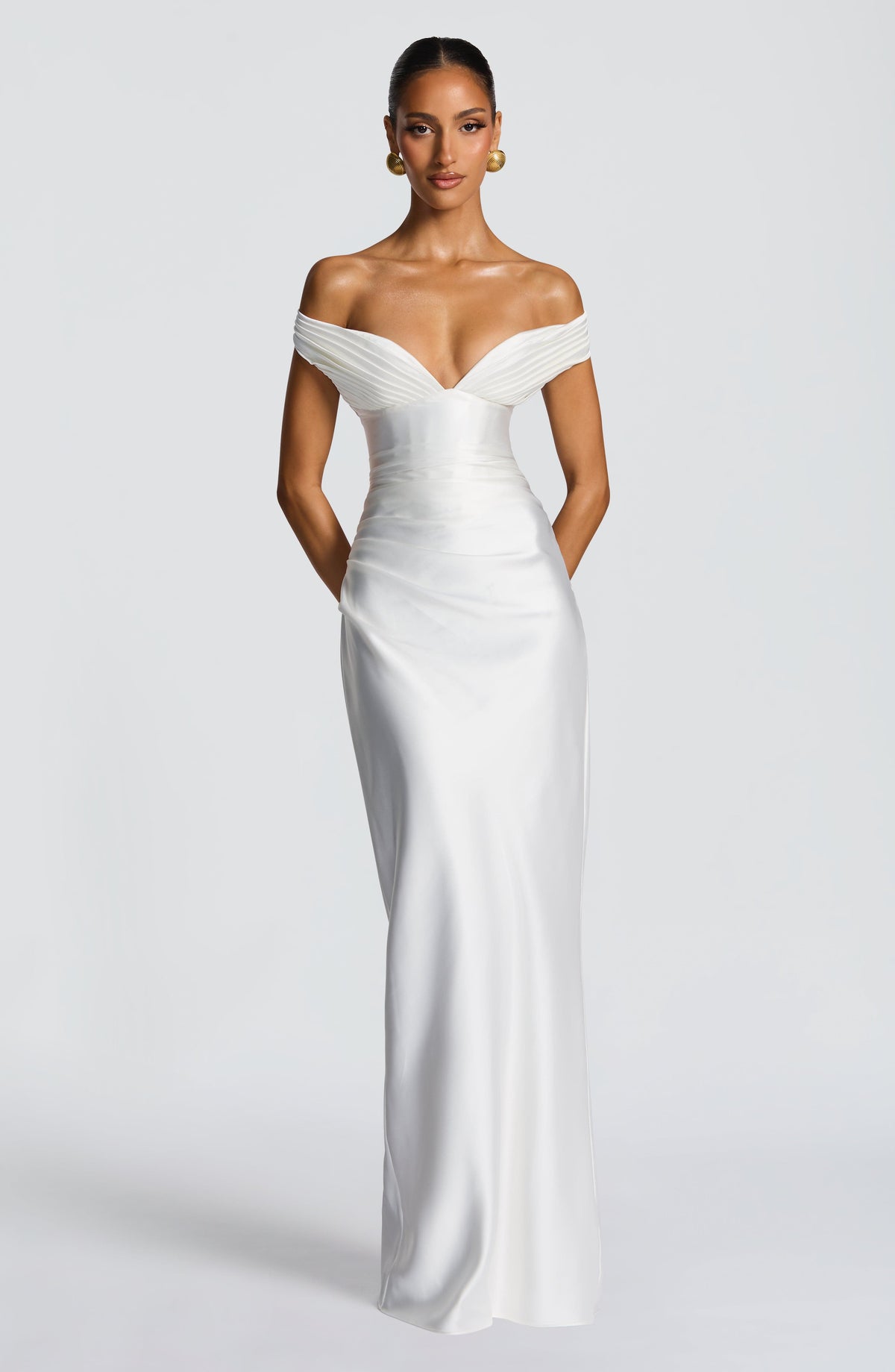 Adeline | Women's Satin Bardot Maxi Dress – White | The Bellemont Sisters Australia