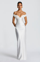 Adeline | Women's Satin Bardot Maxi Dress – White | The Bellemont Sisters Australia
