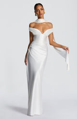 Adeline | Women's Satin Bardot Maxi Dress | The Bellemont Sisters Australia