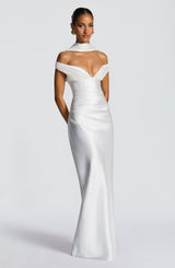 Adeline | Women's Satin Bardot Maxi Dress | The Bellemont Sisters Australia