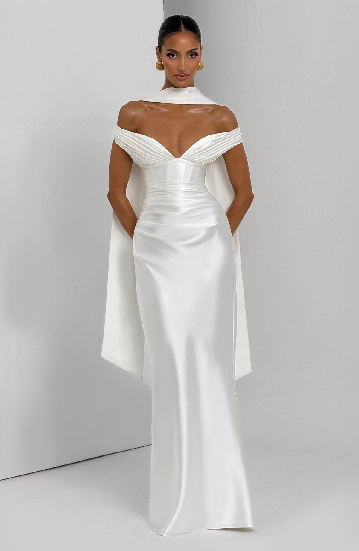 Adeline | Women's Satin Bardot Maxi Dress | The Bellemont Sisters Australia