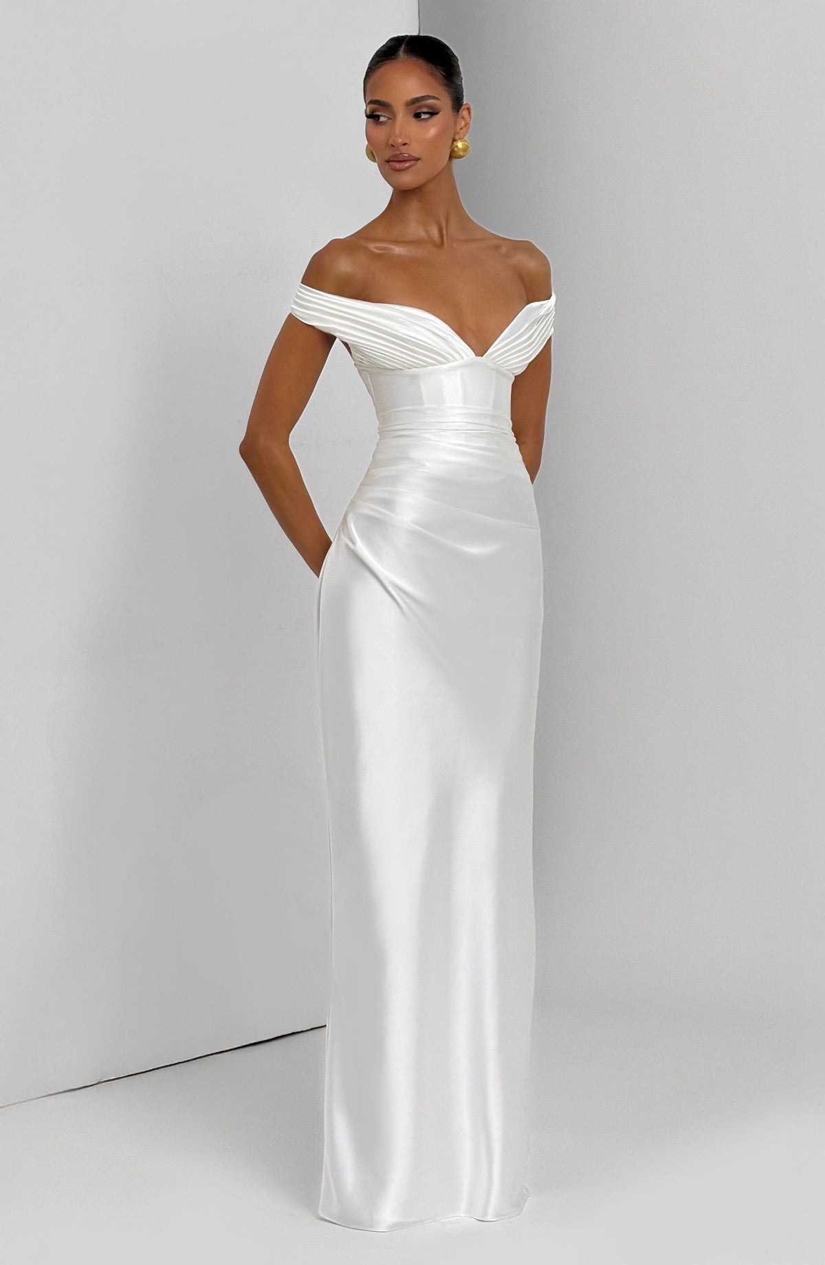 Adeline | Women's Satin Bardot Maxi Dress | The Bellemont Sisters Australia