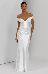 Adeline | Women's Satin Bardot Maxi Dress | The Bellemont Sisters Australia