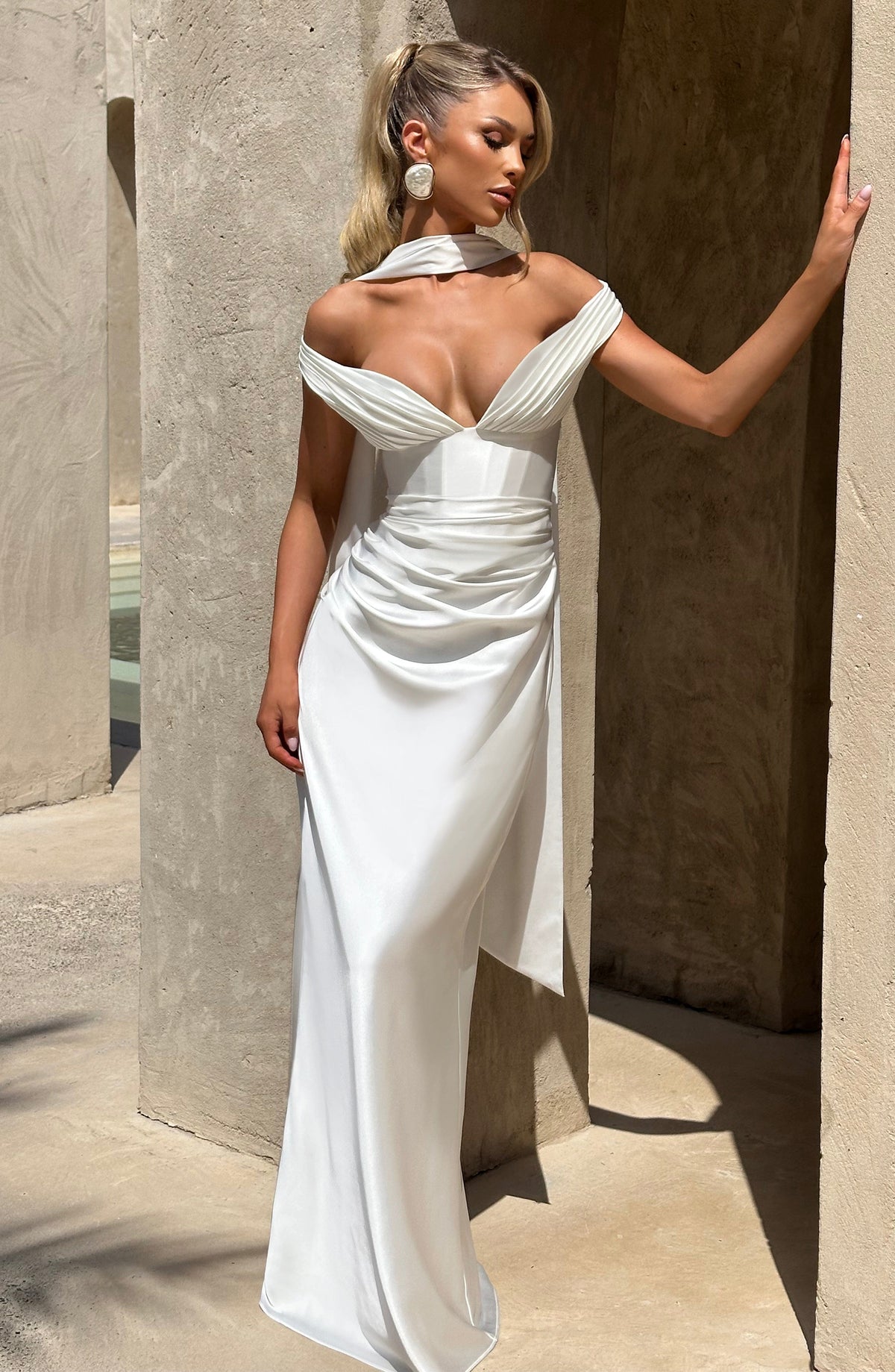 Adeline | Women's Satin Bardot Maxi Dress | The Bellemont Sisters Australia
