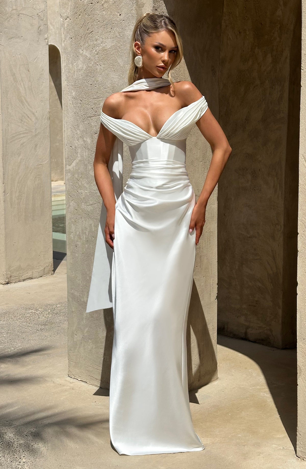 Adeline | Women's Satin Bardot Maxi Dress | The Bellemont Sisters Australia