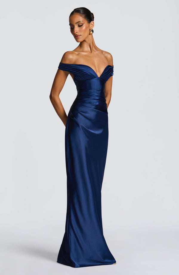 Adeline | Women's Satin Bardot Maxi Dress | The Bellemont Sisters Australia