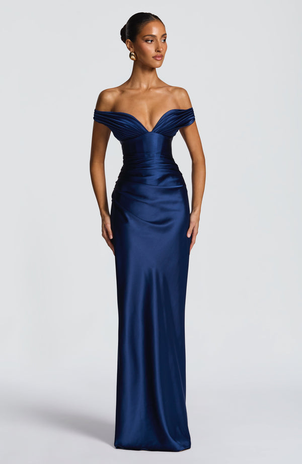 Adeline | Women's Satin Bardot Maxi Dress – Navy | The Bellemont Sisters Australia