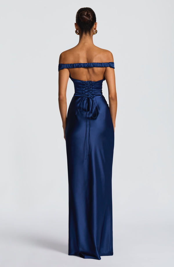 Adeline | Women's Satin Bardot Maxi Dress | The Bellemont Sisters Australia