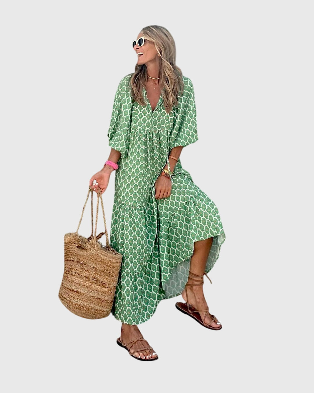 Sarah - Boho Maxi Dress – Green-White | The Bellemont Sisters Australia