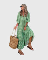 Sarah - Boho Maxi Dress – Green-White | The Bellemont Sisters Australia