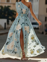 Light Green Floral Ruched One Shoulder A-Line Maxi Chiffon Dress – Light Blue | The Bellemont Sisters Australia