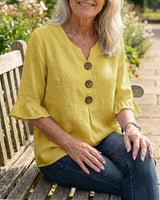 Janet | V-Neck Blouse with Wooden Buttons and Ruffled Sleeves | The Bellemont Sisters Australia
