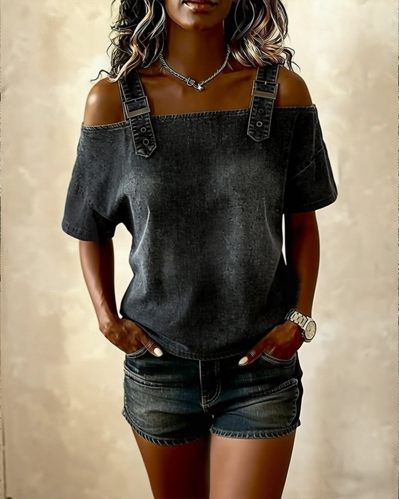 Patricia | Off-Shoulder Denim Shirt | The Bellemont Sisters Australia