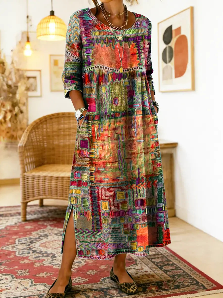 Manuela | Printed Dress with Ethnic Patchwork – Orange | The Bellemont Sisters Australia