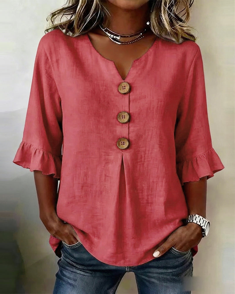 Janet | V-Neck Blouse with Wooden Buttons and Ruffled Sleeves – Red | The Bellemont Sisters Australia