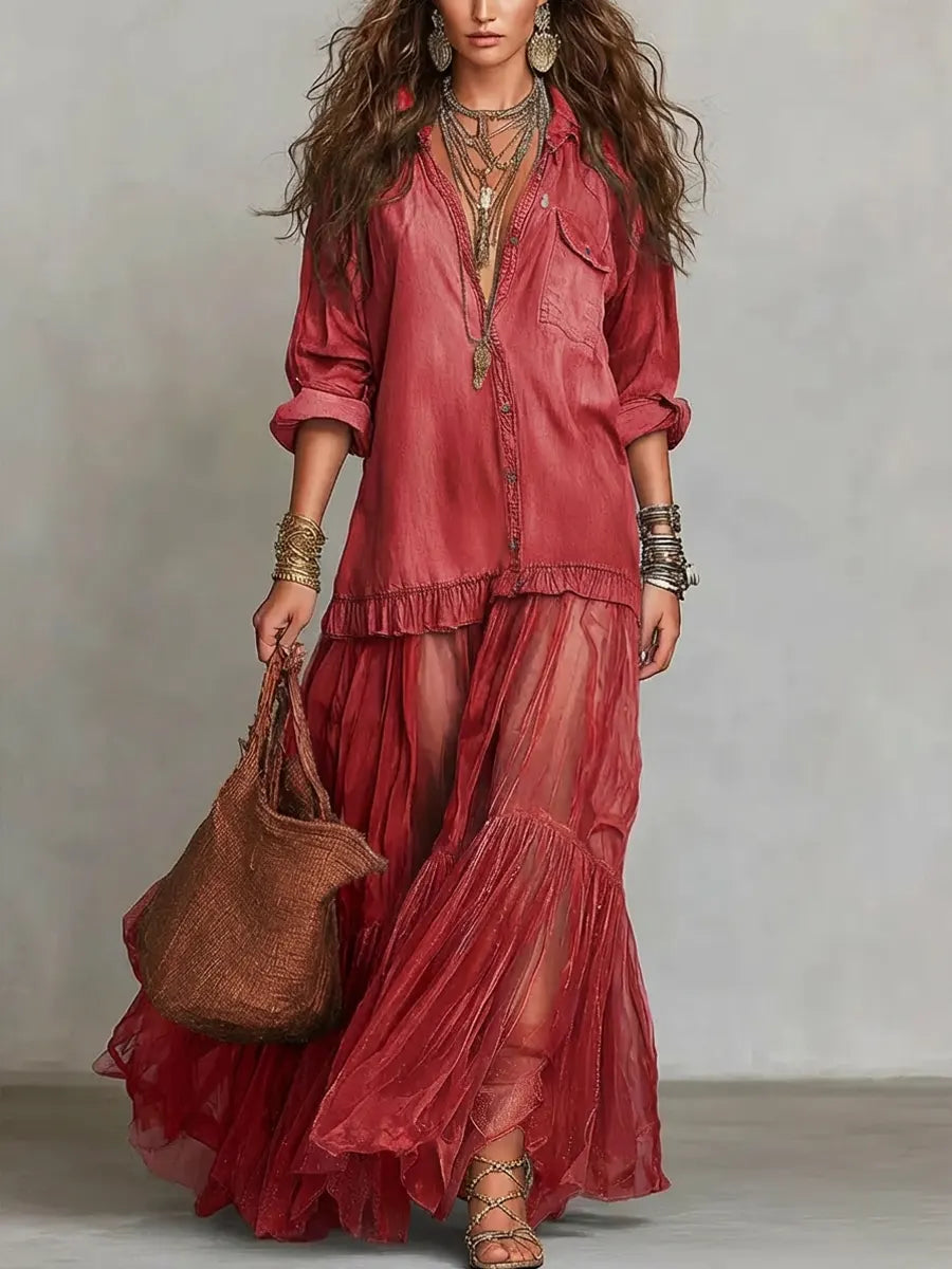 Women's Retro Lapel Denim Organza Patchwork Art Casual Maxi Dress – Red | The Bellemont Sisters Australia