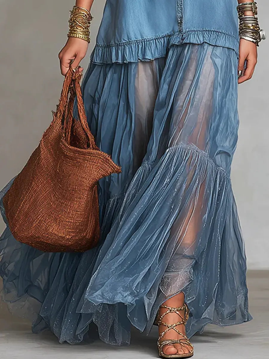 Women's Retro Lapel Denim Organza Patchwork Art Casual Maxi Dress | The Bellemont Sisters Australia