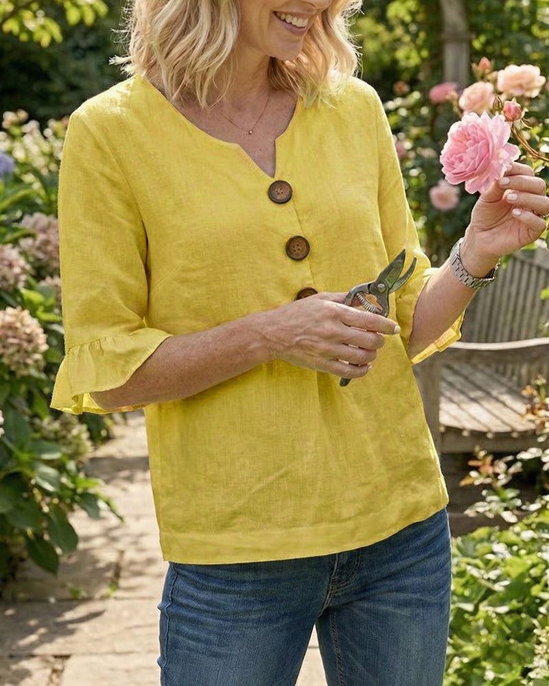 Janet | V-Neck Blouse with Wooden Buttons and Ruffled Sleeves | The Bellemont Sisters Australia