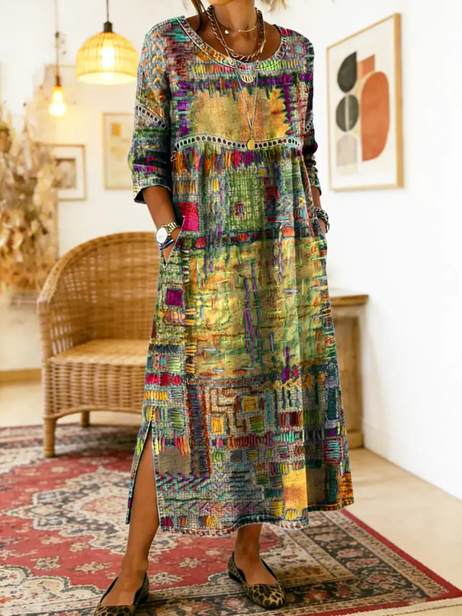 Manuela | Printed Dress with Ethnic Patchwork – Yellow | The Bellemont Sisters Australia