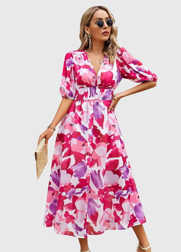 Merlin | Flattering Floral Midi Dress – Pink | The Bellemont Sisters Australia